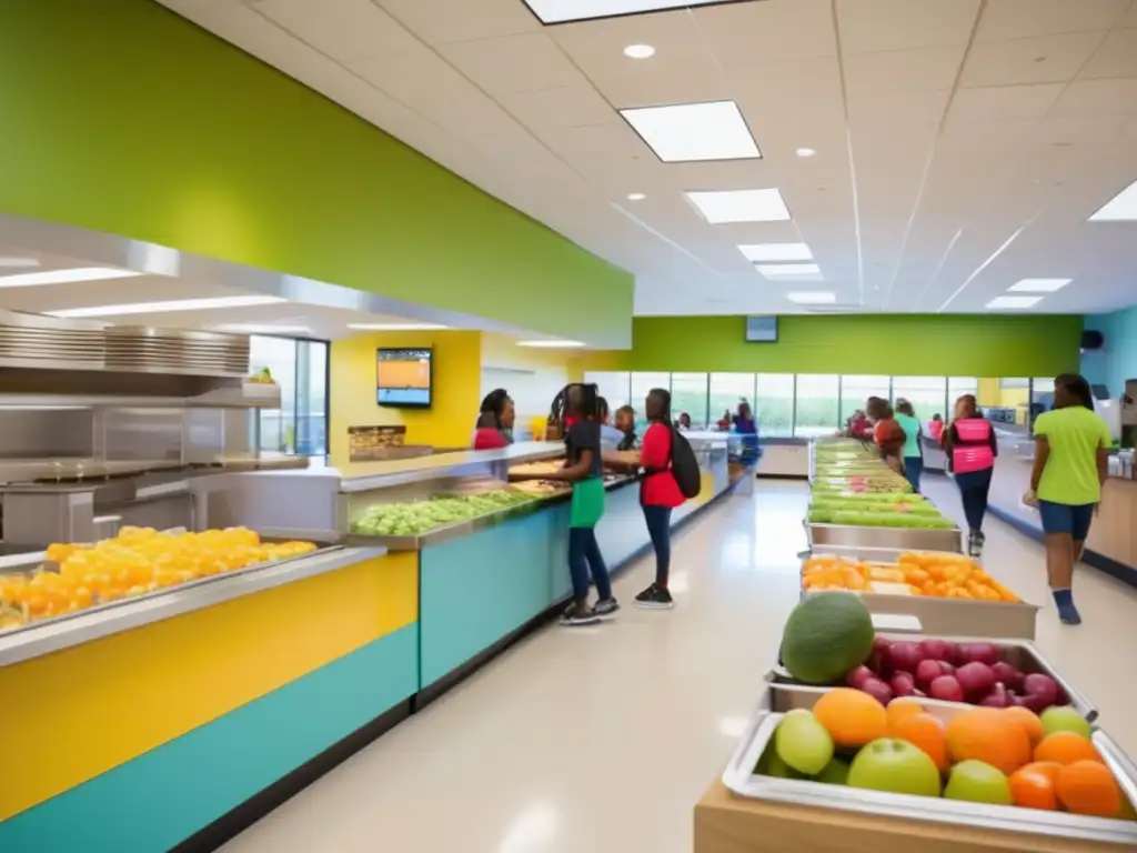 Una cafetería escolar moderna y vibrante, con opciones de comida saludable y colorida. <b>Estudiantes felices seleccionando sus comidas.</b> <b>'Consejos para menús escolares saludables'.