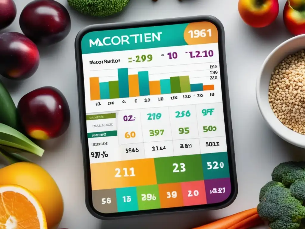 Una calculadora de nutrientes para dieta muestra gráficos y tablas detalladas en una pantalla táctil, rodeada de alimentos frescos.