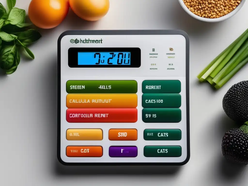 Una calculadora de nutrientes para dieta moderna y sofisticada en un entorno minimalista con toques de frescura.