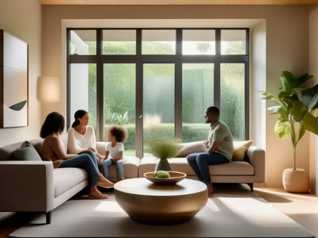 Un cálido salón familiar con ventana soleada y muebles minimalistas en tonos tierra. <b>La familia muestra apoyo y conexión, previniendo trastornos alimentarios.