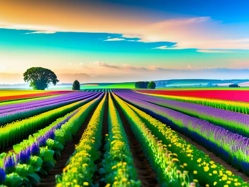 Un campo de cultivo exuberante y vibrante, con hileras de cultivos perfectamente alineados en tonos verdes, salpicado de flores silvestres y lleno de vida. Transmite armonía y abundancia, reflejando los Principios de agricultura sostenible.