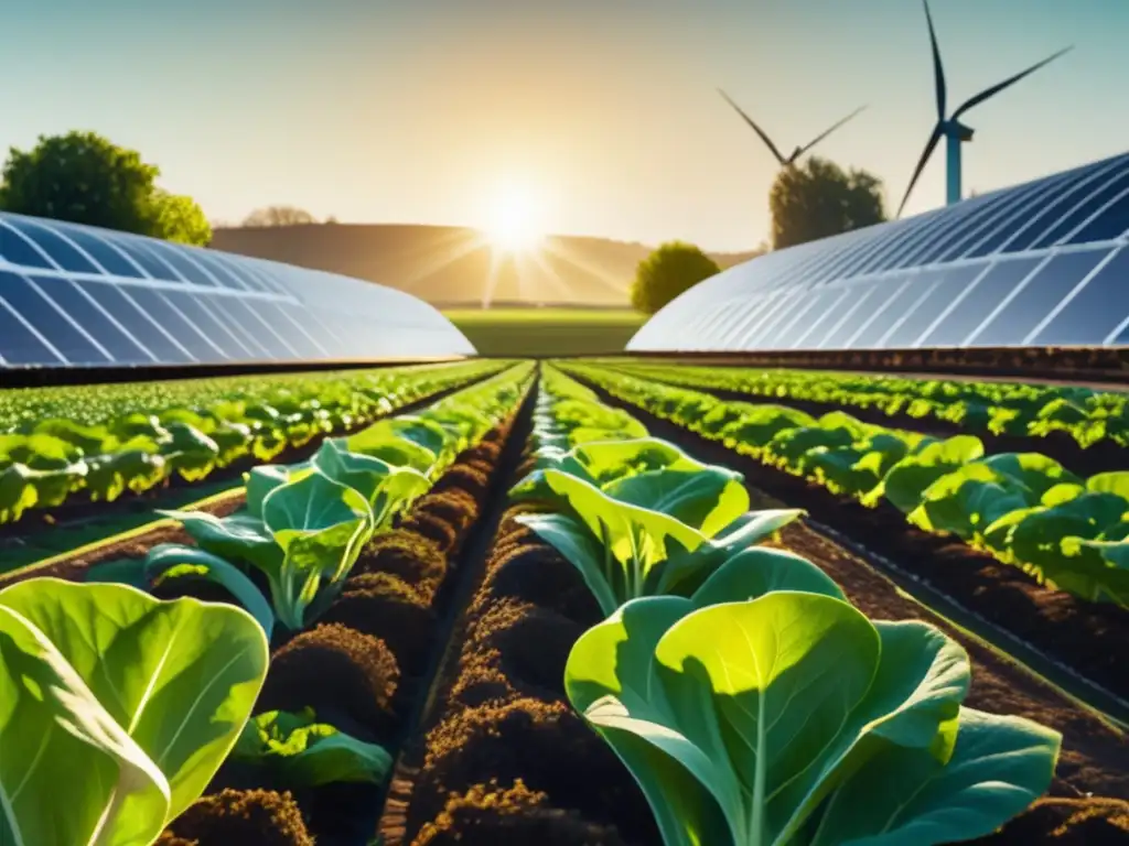 Un campo de cultivo verde vibrante bañado por la luz dorada del sol, con vegetales en primer plano y un invernadero sostenible al fondo. <b>Transmite la belleza de la producción de alimentos ecofriendly y sostenible.</b> <b>Alimentos con huella de carbono.