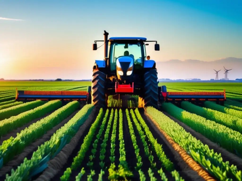 Un campo de cultivos verdes vibrantes se extiende hasta el horizonte, bañado por el cálido sol. <b>Un tractor moderno se vislumbra en la distancia.</b> <b>Agricultura de conservación para suelos saludables.