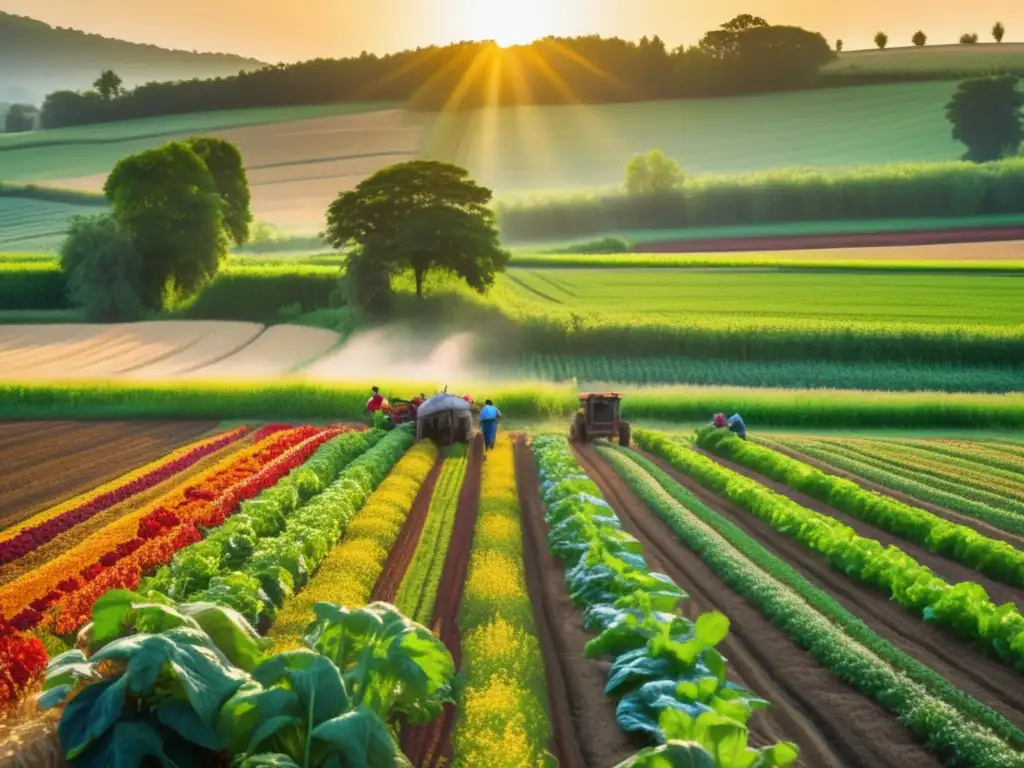 Un campo exuberante y colorido de cultivos ancestrales, con agricultores trabajando en prácticas ancestrales de cultivo para nutrición.