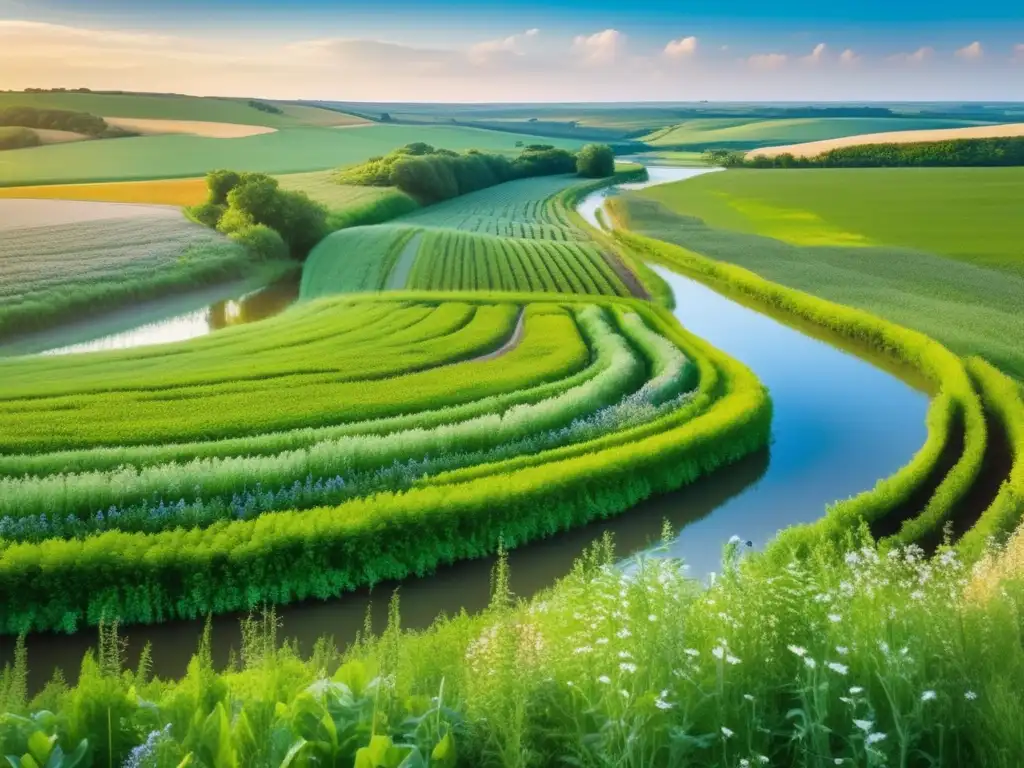 Campo de cultivo sostenible y río sereno: armonía natural Un campo exuberante de cultivos se extiende hasta el horizonte, con plantas vibrantes y parches de flores silvestres. <b>Un río sereno y el sol dorado realzan la diversidad de la vida vegetal.</b> Agricultura sostenible protege recursos acuáticos.