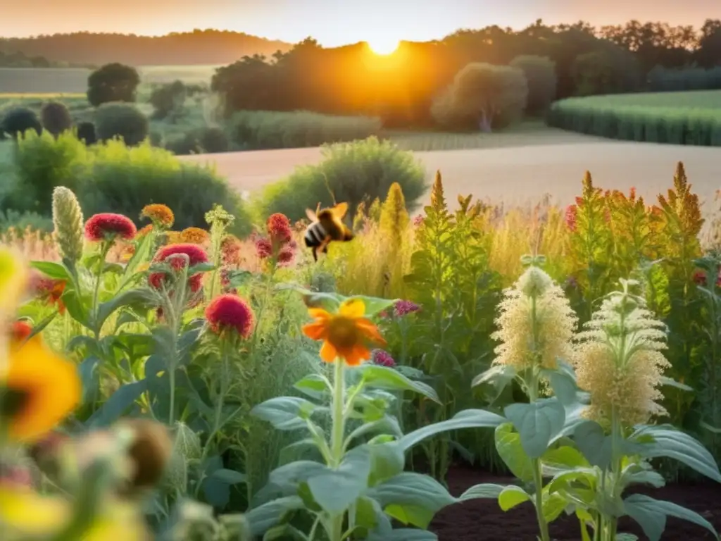 Un campo exuberante y diverso con cultivos nativos como la quinua, amaranto y tomates antiguos. Abejas y mariposas revolotean, resaltando la importancia de proteger especies nativas para un suministro de alimentos sostenible y diverso. Montañas en el fondo enfat