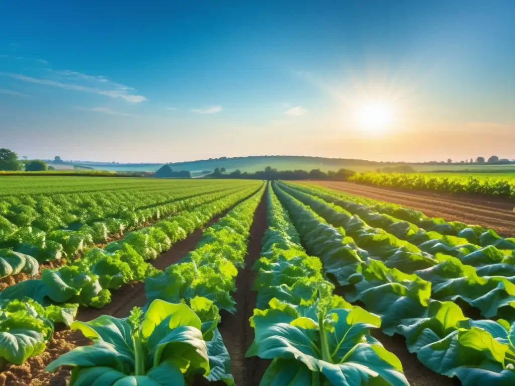 Un campo agrícola exuberante y diverso bajo el sol, destaca el impacto del cambio climático en enfermedades alimentarias.