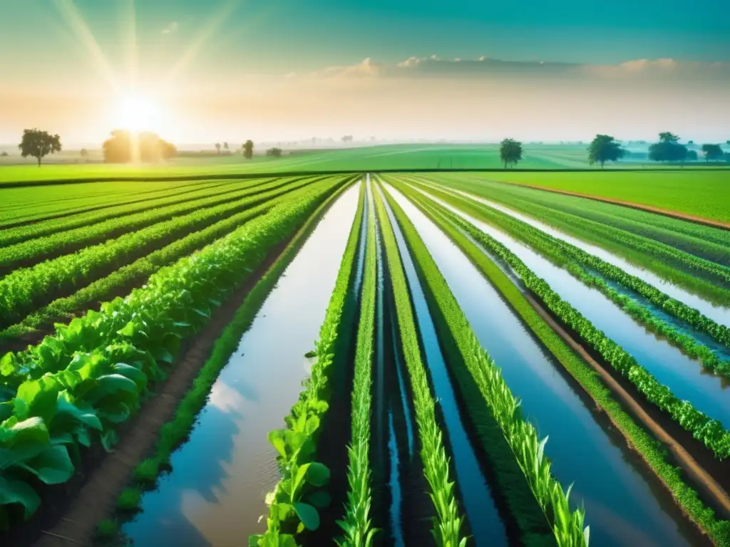 Campo agrícola sostenible: belleza y eficiencia Un campo agrícola exuberante se extiende hasta el horizonte, con cultivos ordenados y un sistema de riego reluciente al fondo. La luz del sol se filtra entre las hojas, creando patrones intrincados en el suelo, mientras un arroyo serpentea por el paisaje, nutriend
