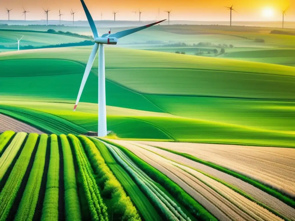 Campo verde con cultivos y energía renovable Un campo agrícola exuberante se extiende hacia el horizonte, con cultivos vibrantes bañados por la cálida luz dorada del sol. <b>Al fondo, un moderno aerogenerador gira con gracia.</b> La imagen captura la esencia de la producción alimentaria sostenible e innovadora.