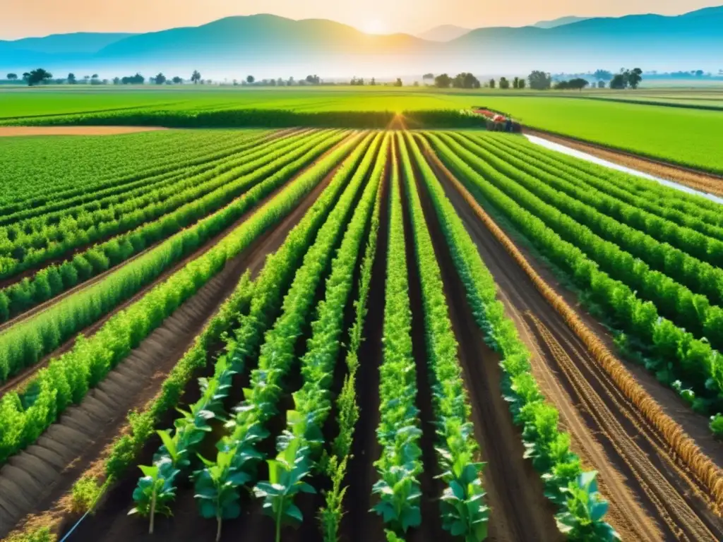Un campo agrícola exuberante y productivo, con cultivos saludables y un sistema de riego moderno. <b>Impacto cambio climático producción alimentos.