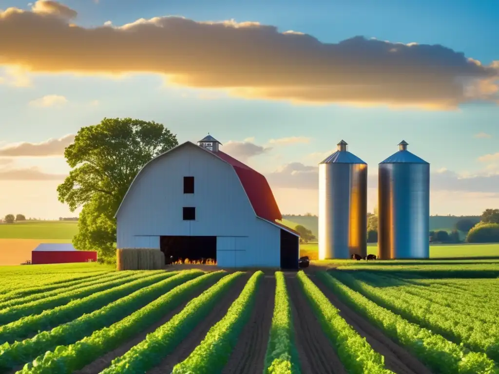 Un campo exuberante y verde con ganadería sostenible y cultivos orgánicos bajo el cálido sol. <b>La imagen irradia armonía y abundancia.