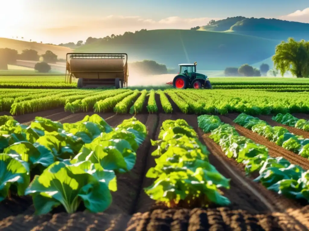 Campo agrícola diverso y sostenible: policultivo en armonía Un campo agrícola exuberante y vibrante con cultivos variados, reflejando la sostenibilidad de la rotación de cultivos y policultivo en agricultura.