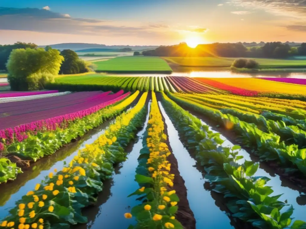 Un campo agrícola exuberante y vibrante, con cultivos coloridos y un río brillante bajo el cielo azul. <b>El sol dora la escena, iluminando plantas saludables y creando una sensación de abundancia y sostenibilidad.</b> Abejas y mariposas revolotean, añadiendo vitalidad