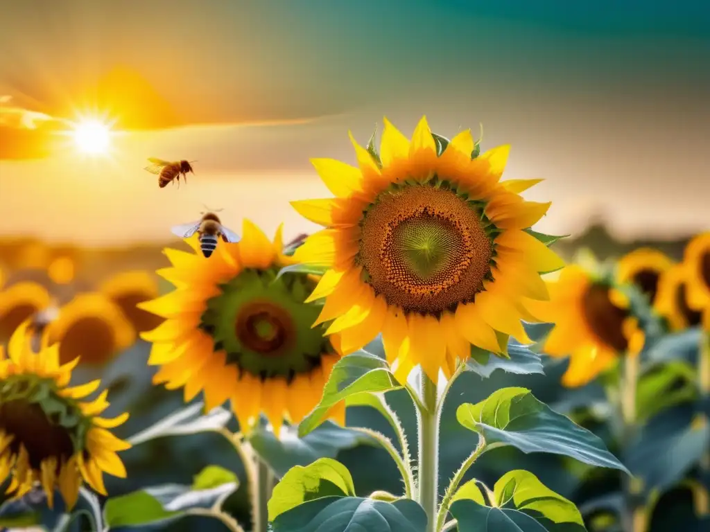 Un campo de girasoles vibrante con abejas y mariposas polinizando las flores bajo el cálido sol. <b>Importancia de polinizadores en agricultura.