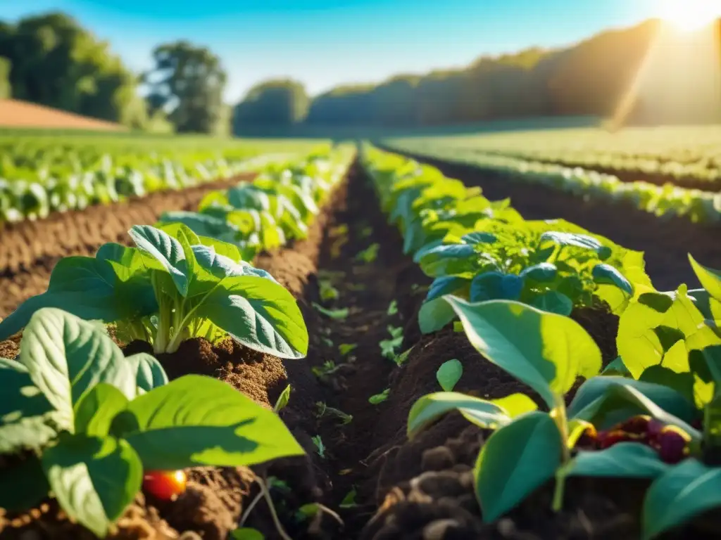Un campo orgánico exuberante con vegetales y frutas vibrantes, bañado por la luz del sol. <b>Detalles nítidos y fertilizantes naturales sin químicos.