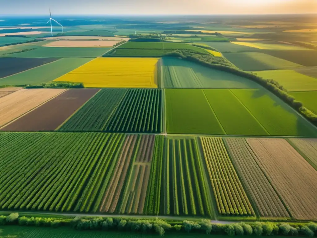 Un campo policultivo diverso bañado por la cálida luz del sol, con molinos de viento al fondo. <b>Ejemplifica la rotación de cultivos para agricultura sostenible.
