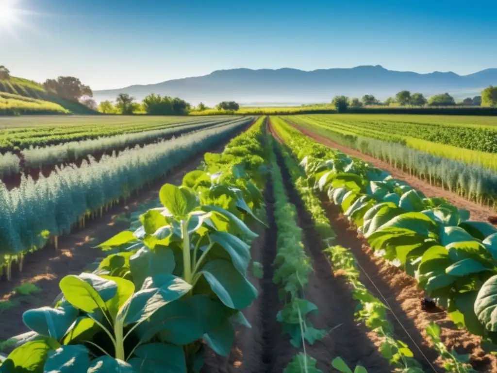 Un campo policultural exuberante y vibrante con cultivos diversos bajo un cielo azul claro, mostrando sostenibilidad alimentaria y suelo fértil.