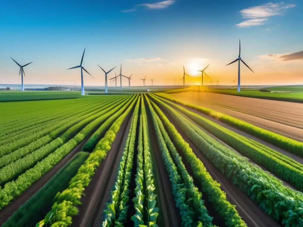 Un campo verde exuberante bajo un cielo azul, con molinos de viento girando grácilmente. Colores vibrantes y cosecha abundante transmiten sostenibilidad, mientras la tecnología moderna sugiere soluciones innovadoras al impacto del cambio climático en la dieta y la salud.