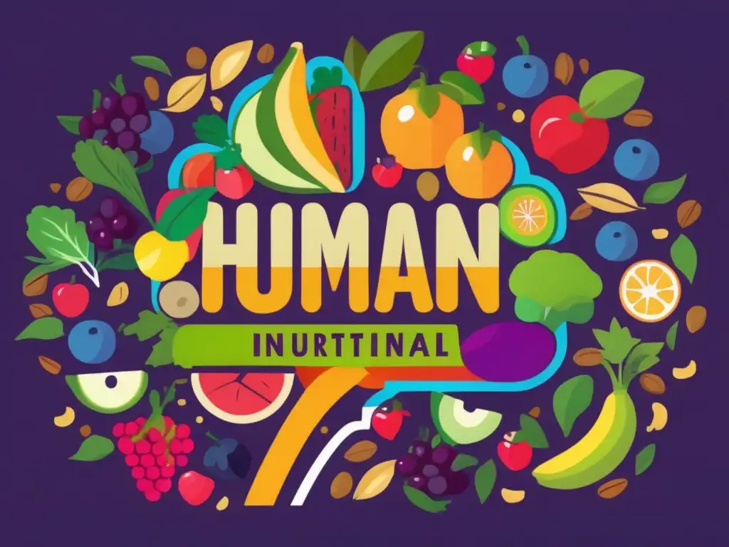 Un cerebro vibrante rodeado de frutas, verduras y nueces coloridas, cada una etiquetada con nutrientes esenciales para una mente sana. <b>Una imagen que irradia vitalidad y salud.