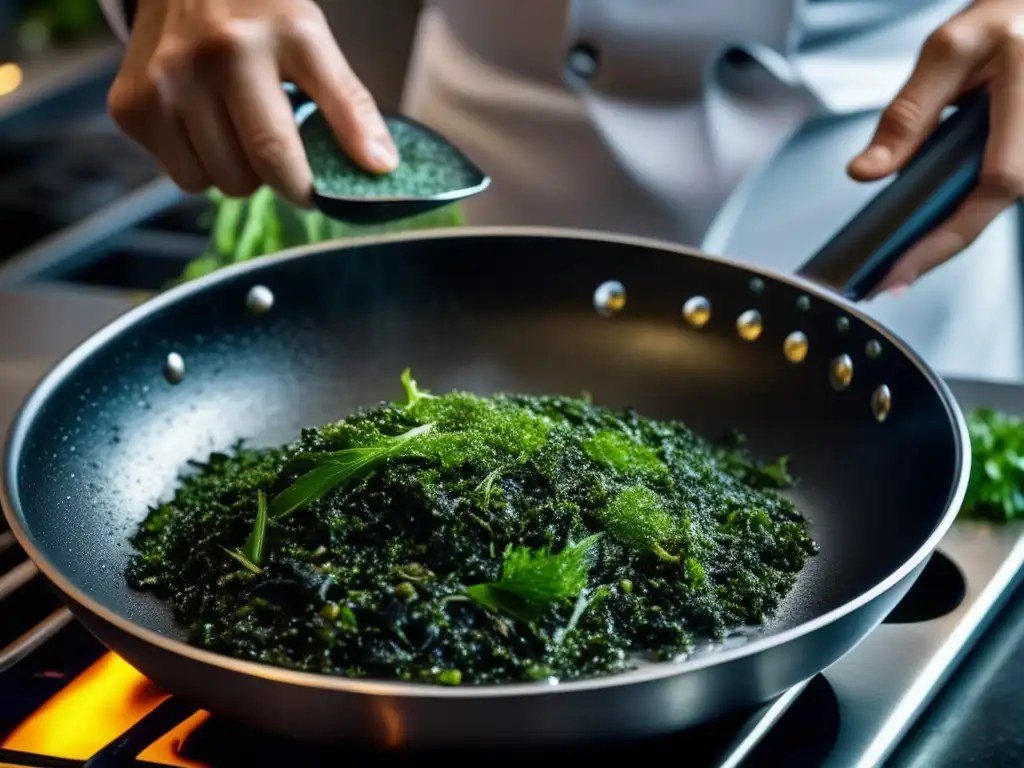 Un chef esparciendo algas verdes sobre una sartén humeante. <b>Beneficios de cocinar con algas.