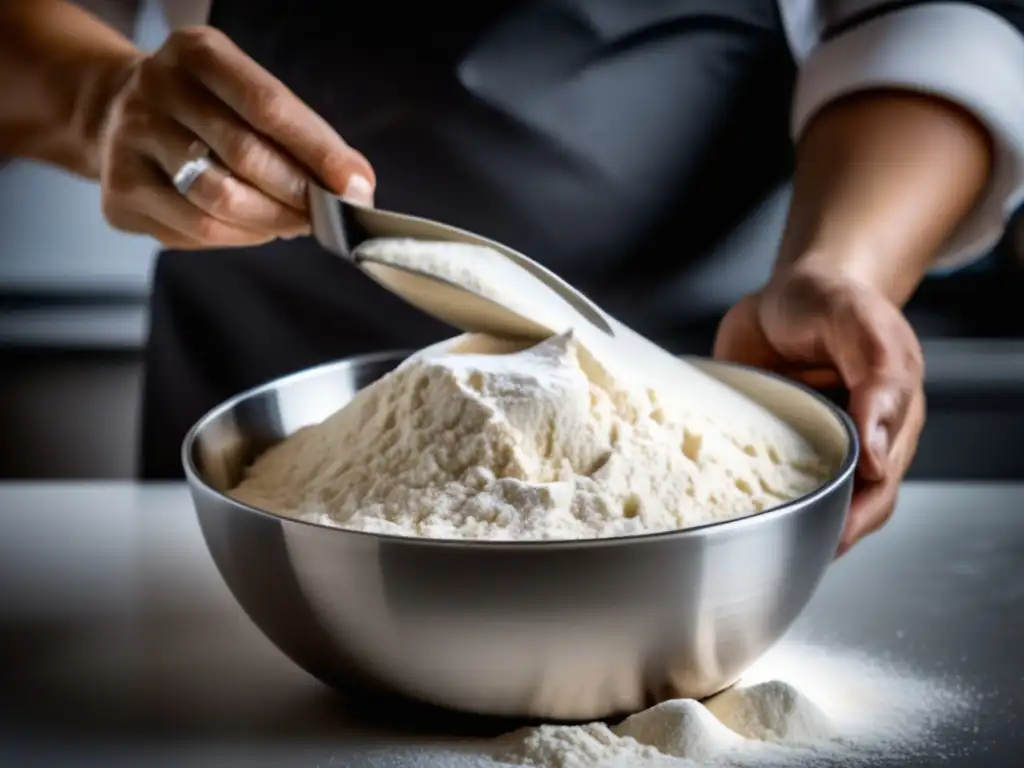 Un chef vierte con precisión harina sin gluten en un bol de acero inoxidable. <b>Cocina sin gluten para celíacos.