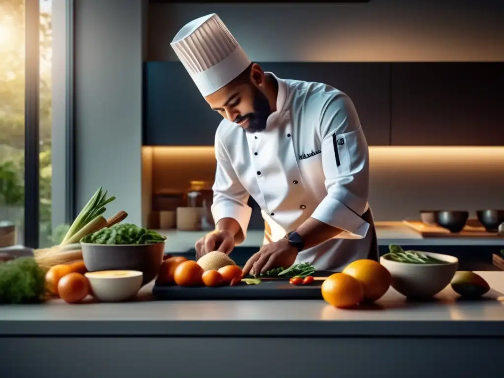 Un chef en una cocina moderna arregla con cuidado ingredientes frescos y vibrantes en un elegante plato minimalista, rodeado por la suave luz natural que entra por grandes ventanas. Los colores y texturas de la comida resaltan contra los tonos neutros de la cocina, creando una escena visualmente llamativa