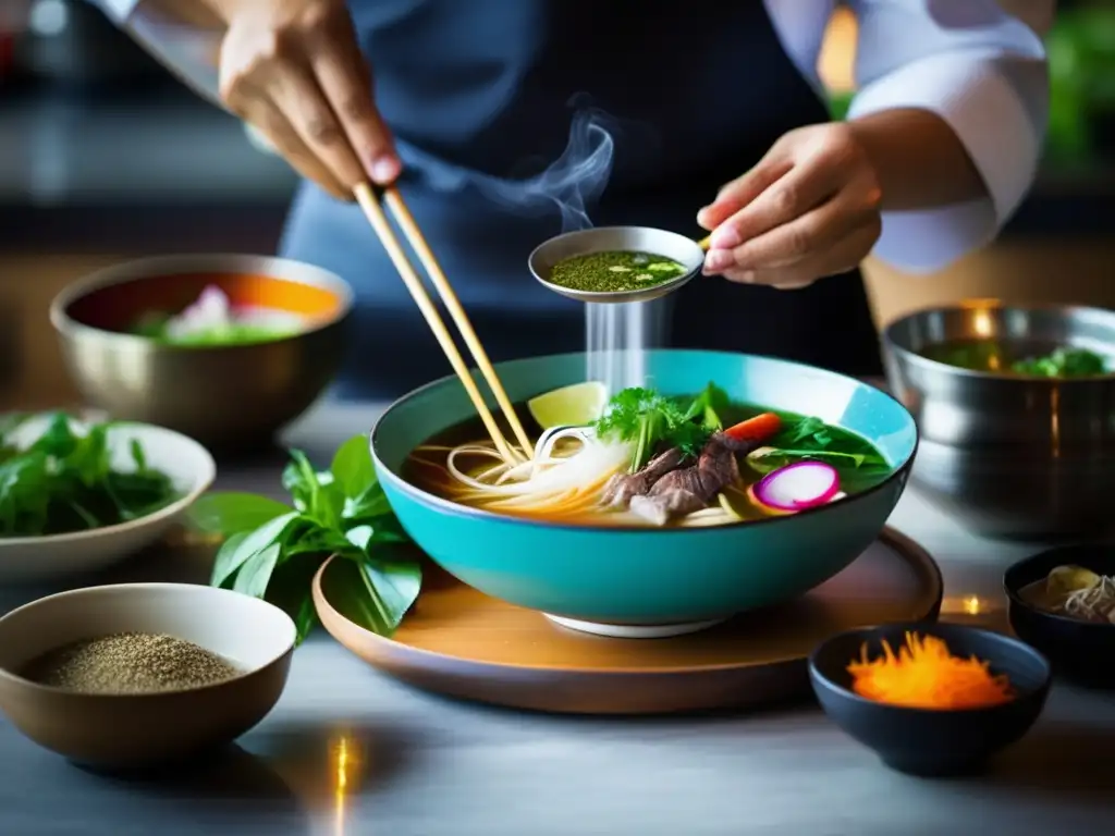 Un chef prepara pho en una cocina vietnamita tradicional, revelando los secretos de la cocina vietnamita para una alimentación equilibrada.
