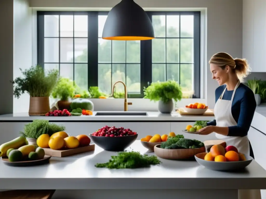 Un chef prepara una comida saludable y visualmente atractiva en una cocina moderna, con técnicas de alimentación consciente saludable.