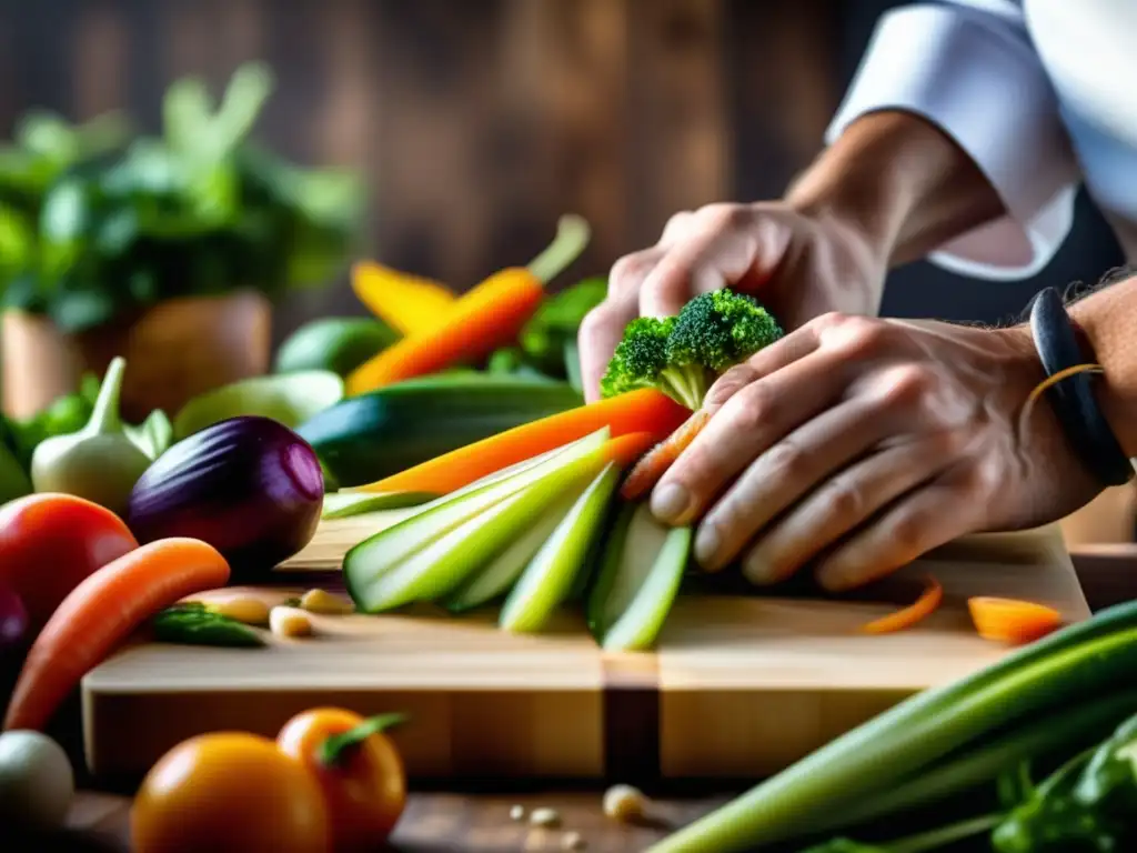 Un chef corta y organiza verduras frescas en un tablero de madera con precisión, creando una hermosa presentación. <b>Recetas cocina para diabéticos.