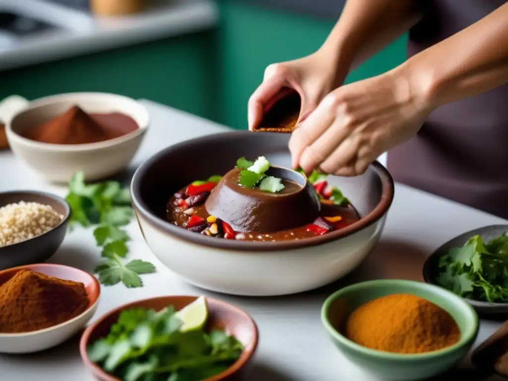 Un chef prepara con cuidado un tradicional mole mexicano en una cocina moderna, resaltando la cultura alimentaria, la tradición y la comida saludable.