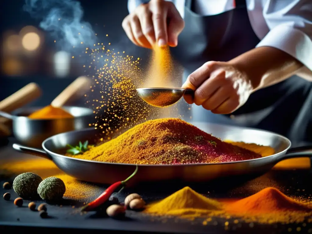 Un chef esparciendo con destreza una vibrante variedad de especias en una sartén humeante, adaptando sabores a cambios en gusto y olfato.