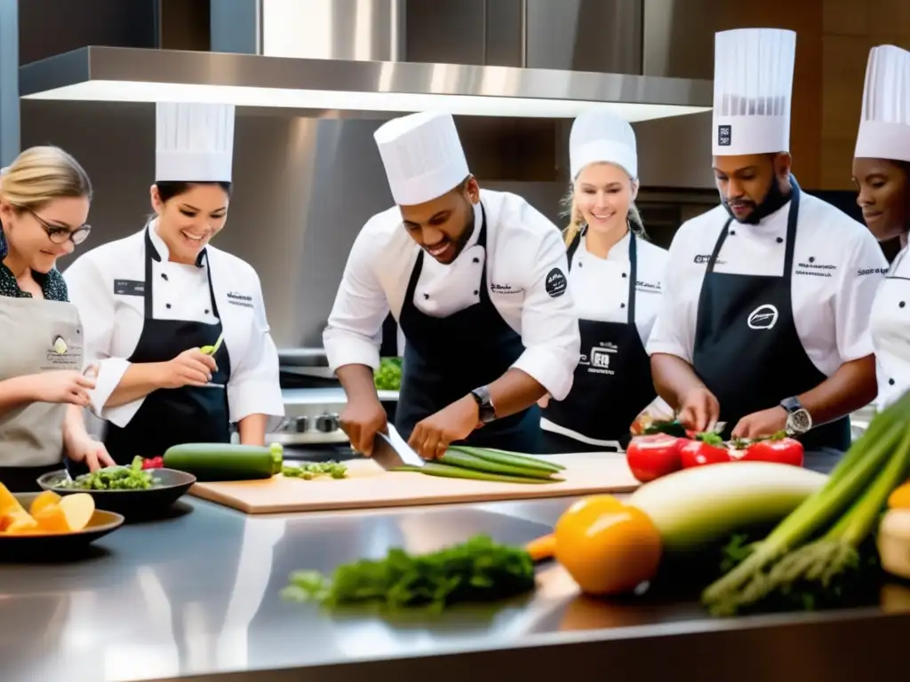 Un chef enseña a estudiantes en una cocina moderna. Recursos para una alimentación saludable