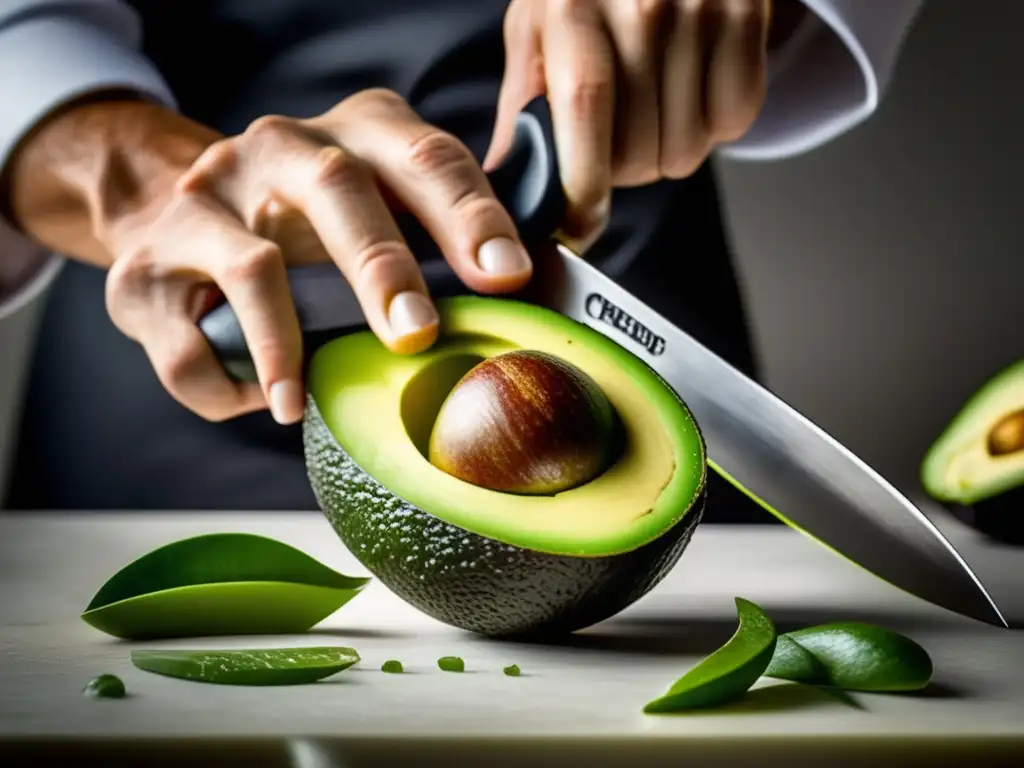 Un chef experto corta hábilmente un aguacate maduro, mostrando su textura cremosa y verde vibrante. Las técnicas de porcionado para dieta equilibrada se destacan en un entorno de cocina profesional y moderno.