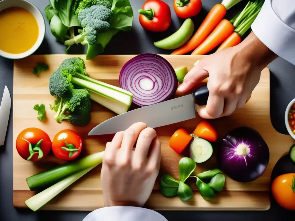 Un chef experto corta con precisión una variedad de vegetales frescos para demostrar técnicas para elaborar sopas nutritivas.