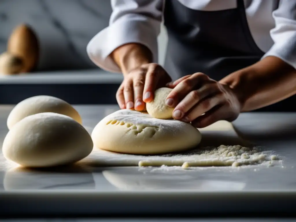 Un chef experto moldea con cuidado la masa sin gluten para celíacos en una encimera de mármol, iluminado por suave luz natural.