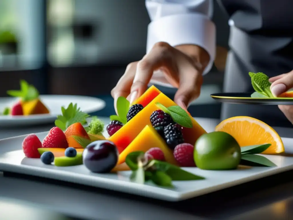 Un chef experto prepara exquisitos platos coloridos en un elegante ambiente de restaurante. <b>Consejos para seguir Guías Alimentarias.