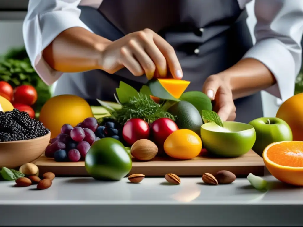 Un chef experto arregla con precisión ingredientes coloridos y saludables en una cocina moderna, mostrando la nutrigenómica en alimentos saludables.