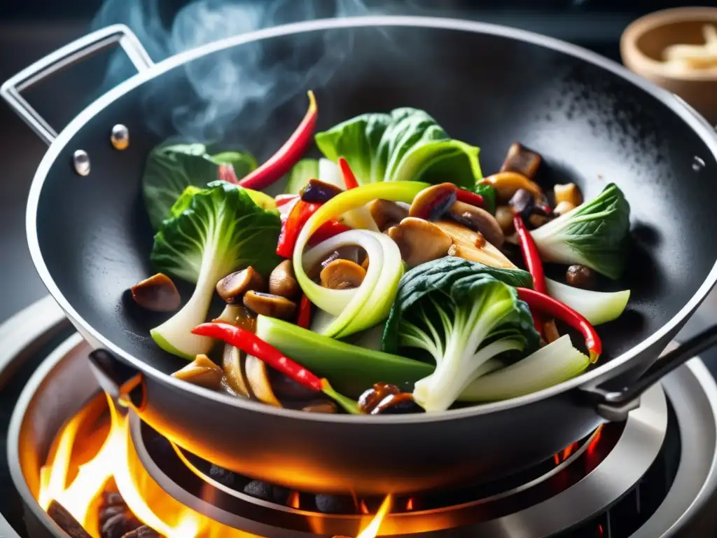 Chef experto saltea ingredientes frescos en wok chino Un chef experto prepara una receta saludable de gastronomía china tradicional en un wok, mezclando bok choy, shiitake, jengibre y chiles rojos.