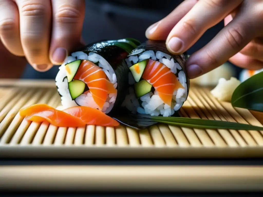 Un chef experto prepara un rollo de sushi casero con precisión y destreza. <b>Recetas saludables de sushi casero.