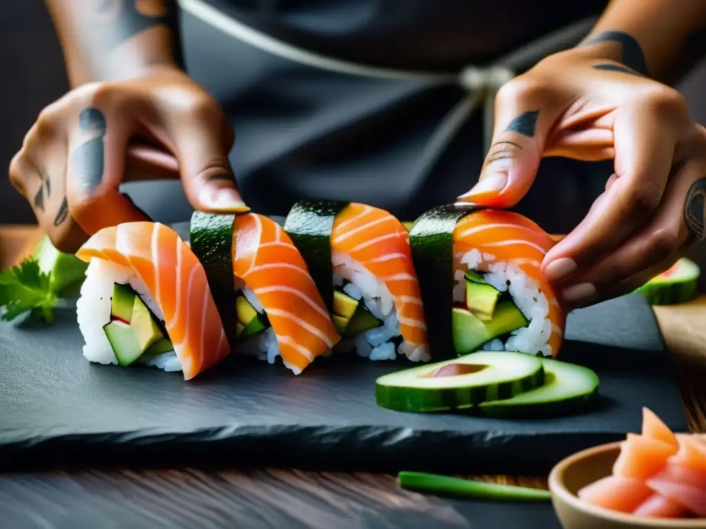 Un chef experto enrolla sushi con precisión, creando una escena visualmente impresionante. Recetas saludables de sushi casero