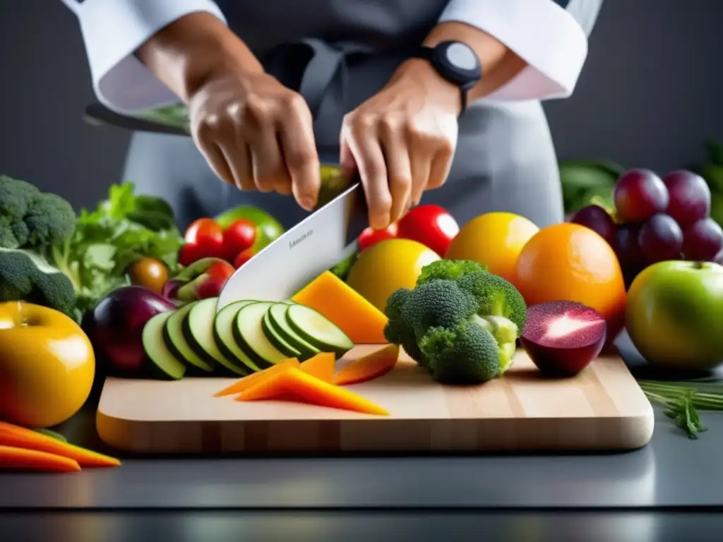 Un chef experto en técnicas de porcionado para dieta equilibrada corta con precisión frutas y verduras vibrantes en una tabla minimalista.