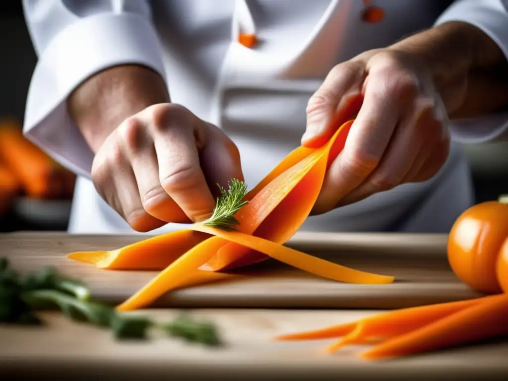 Un chef experto pela una zanahoria con destreza, creando delicadas cintas naranjas. <b>Aprovechamiento integral de alimentos.