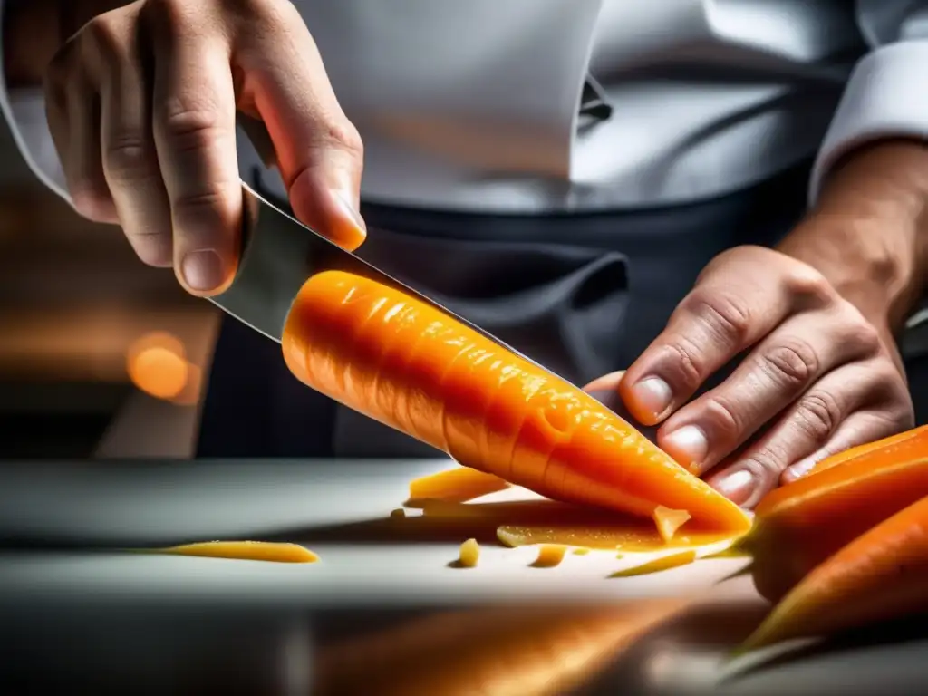 Un chef experto pela una zanahoria con destreza, mostrando el aprovechamiento integral de alimentos en una cocina moderna y luminosa.