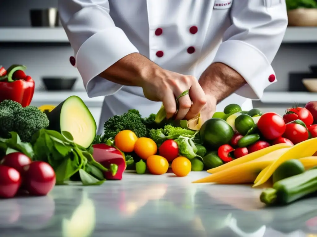 Un chef prepara con precisión y gracia una colorida variedad de verduras frescas en una encimera de mármol. Cocina sin gluten para celíacos