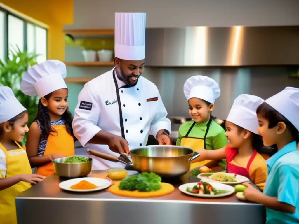 Un chef enseña cocina fusión a niños en una escena vibrante y educativa. <b>Cocina fusión para niños saludables.