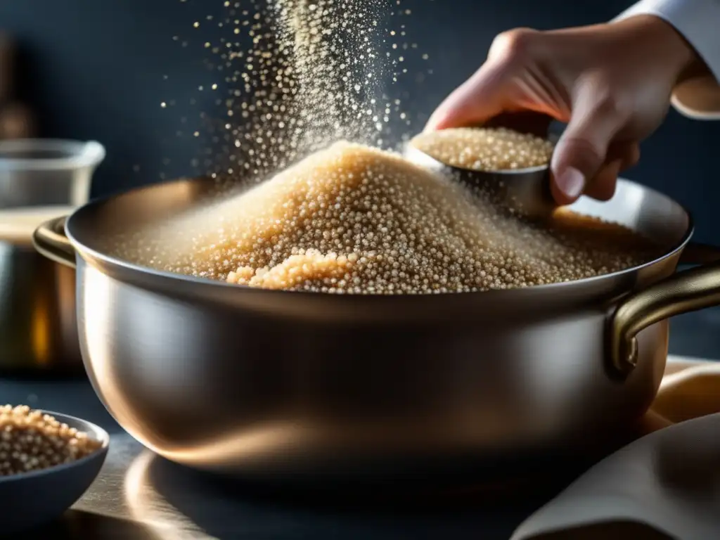 Un chef vierte quinoa en una olla con agua hirviendo. <b>Detalles y colores vibrantes.</b> <b>Recetas saludables con quinoa.