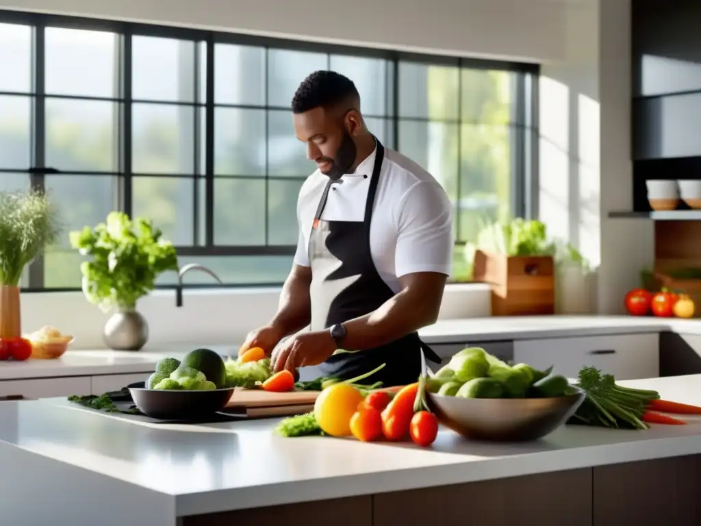 Un chef profesional prepara una comida vibrante en una cocina moderna y serena. Verdades y mitos dieta cetogénica.