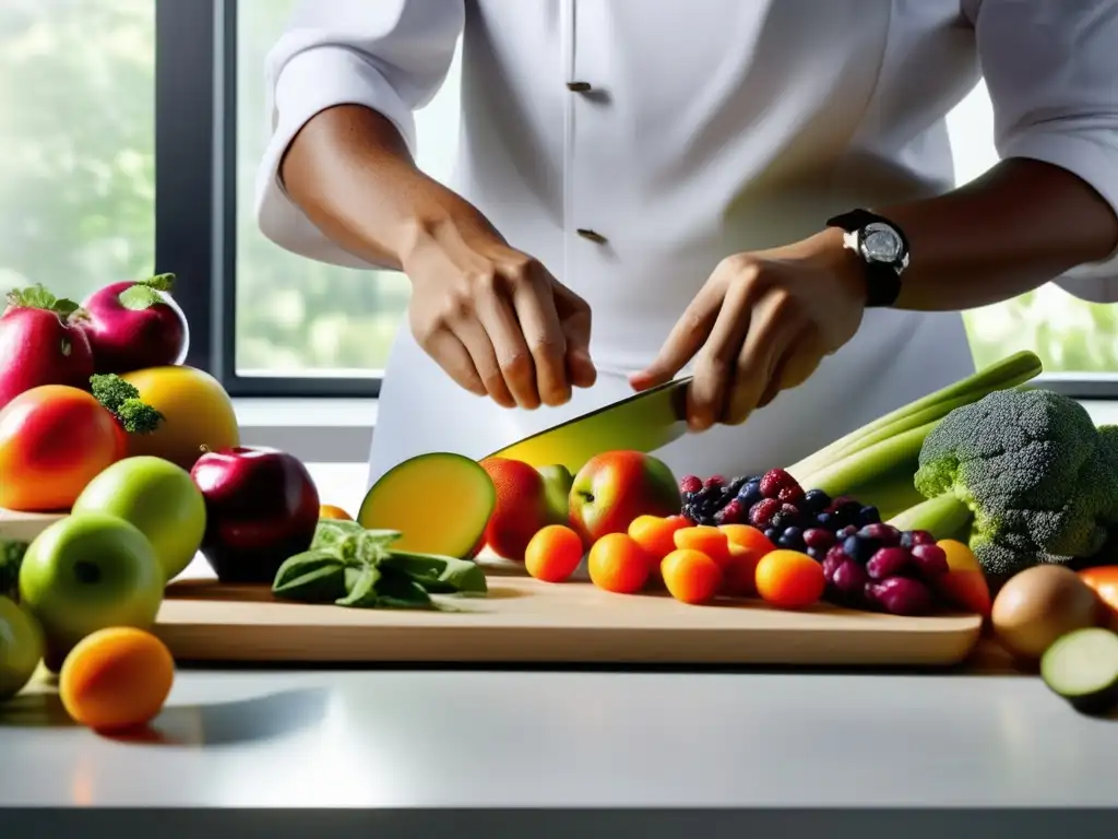 Un chef profesional corta frutas y verduras en una cocina moderna y luminosa. Escena vibrante que refleja la vitalidad y la dieta DASH para hipertensión.