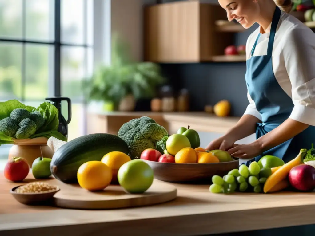 Un chef profesional arregla con destreza una variedad de frutas, verduras y granos sin gluten en una cocina moderna y serena, capturando la esencia positiva de la 