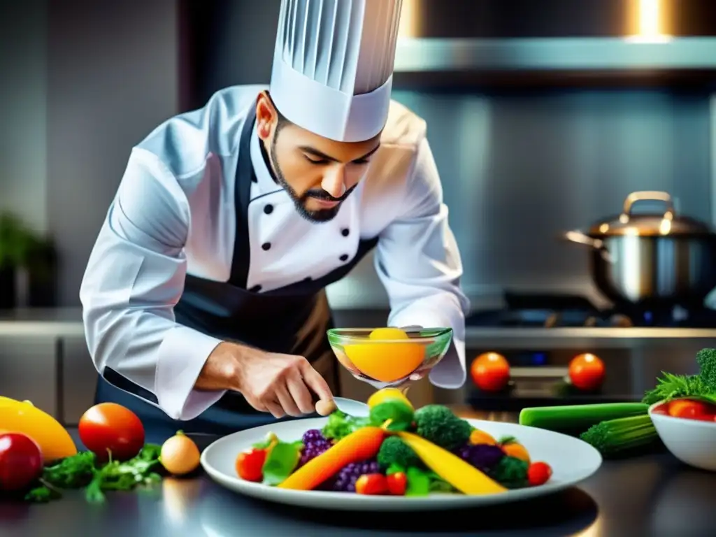 Un chef profesional combina ingredientes coloridos y nutritivos en una cocina moderna, demostrando la fusión culinaria para la nutrición deportiva.